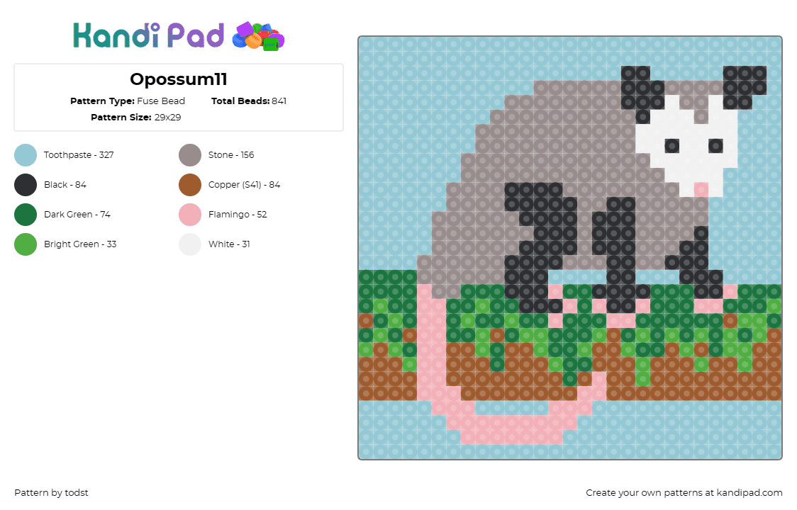 Opossum11 - Fuse Bead Pattern by todst on Kandi Pad - opossum,marsupial,animal,nature,cute,tan,light blue,pink,green