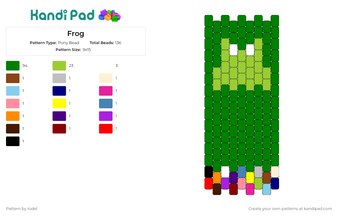 Frog - Pony Bead Pattern by todst on Kandi Pad - frog,amphibian,animal,green