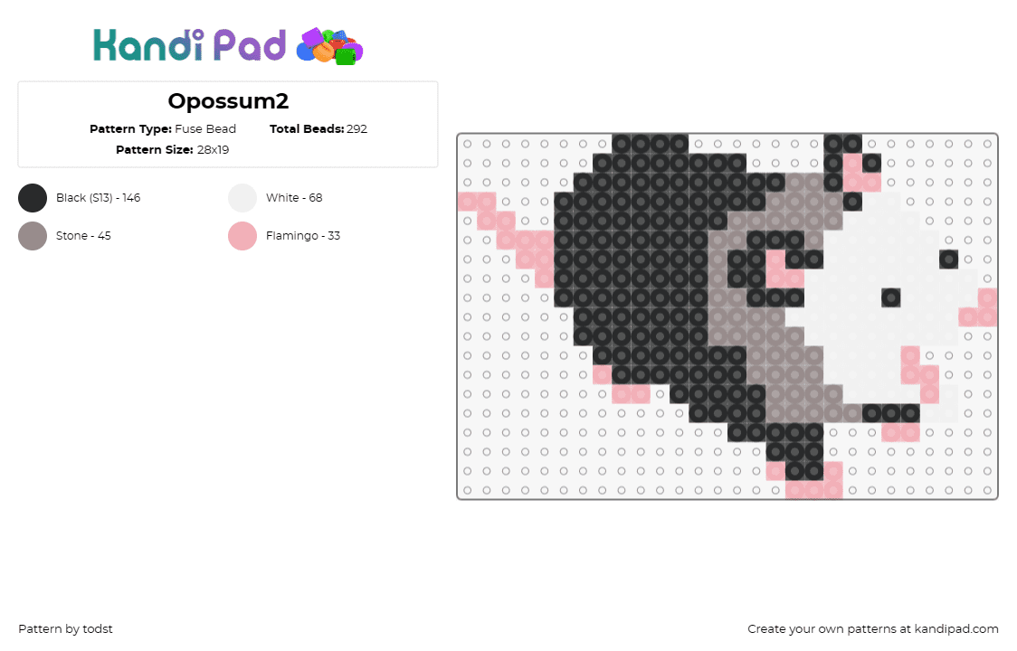 Opossum2 - Fuse Bead Pattern by todst on Kandi Pad - opossum,rodent,animal,wildlife,black,white