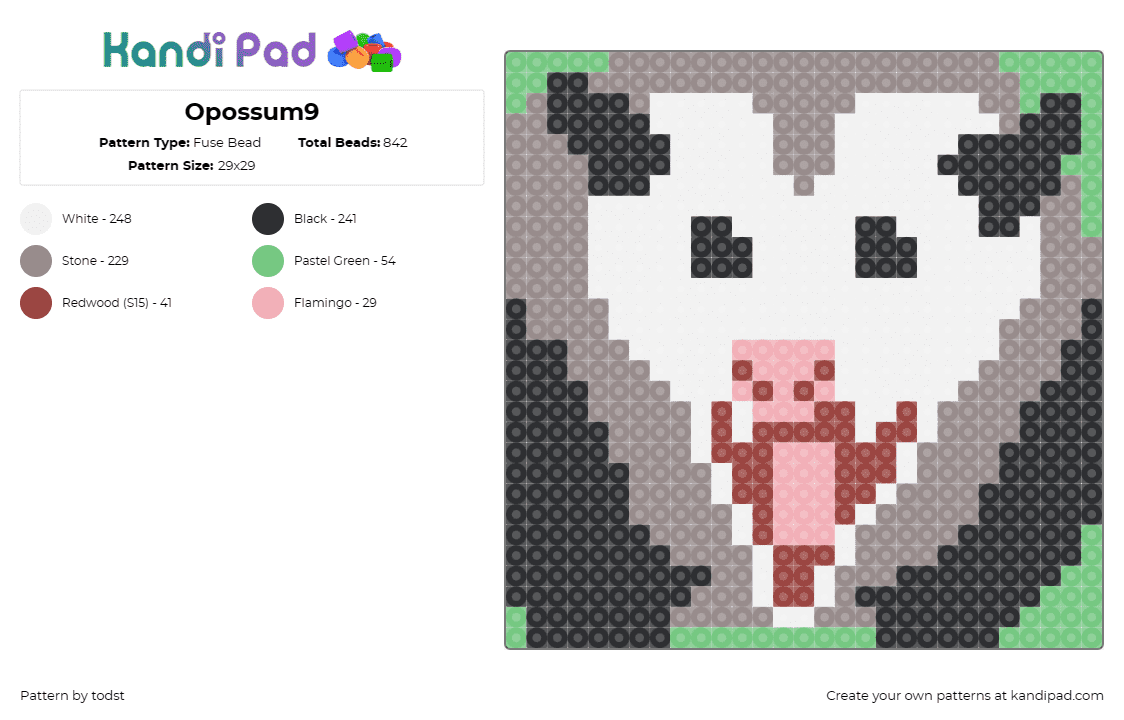 Opossum9 - Fuse Bead Pattern by todst on Kandi Pad - opossum,marsupial,animal,gray,black,white