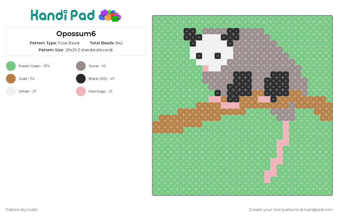Opossum6 - Fuse Bead Pattern by todst on Kandi Pad - opossum,rodent,animal,wildlife,gray,green