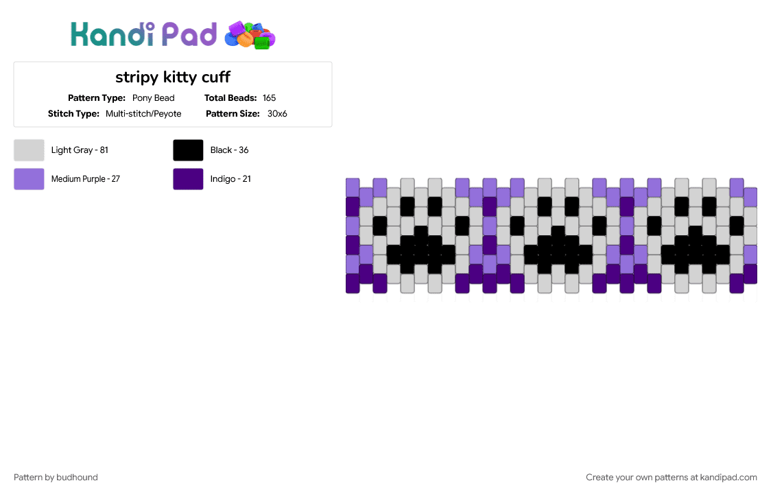 stripy kitty cuff - Pony Bead Pattern by budhound on Kandi Pad - purple, white