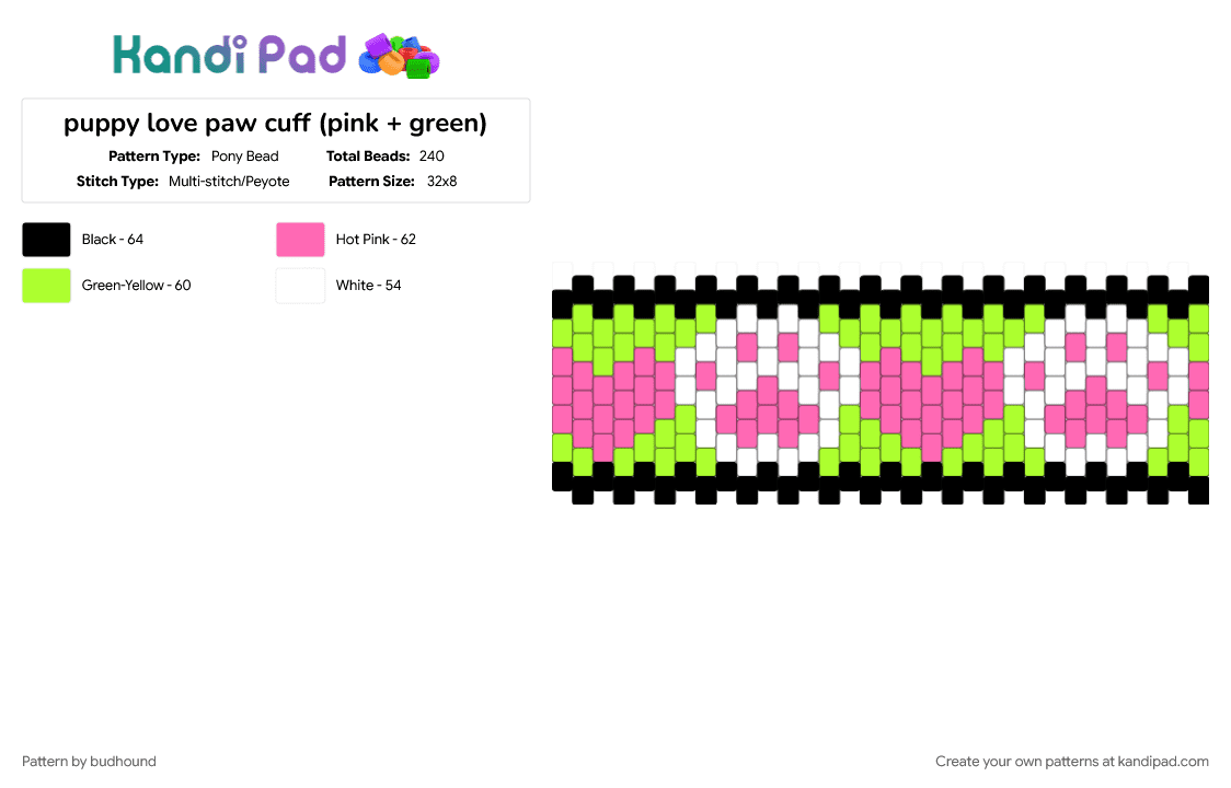 puppy love paw cuff (pink + green) - Pony Bead Pattern by budhound on Kandi Pad - green, pink