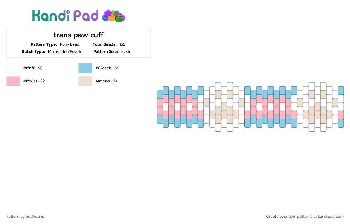 trans paw cuff - Pony Bead Pattern by budhound on Kandi Pad - light blue, pink