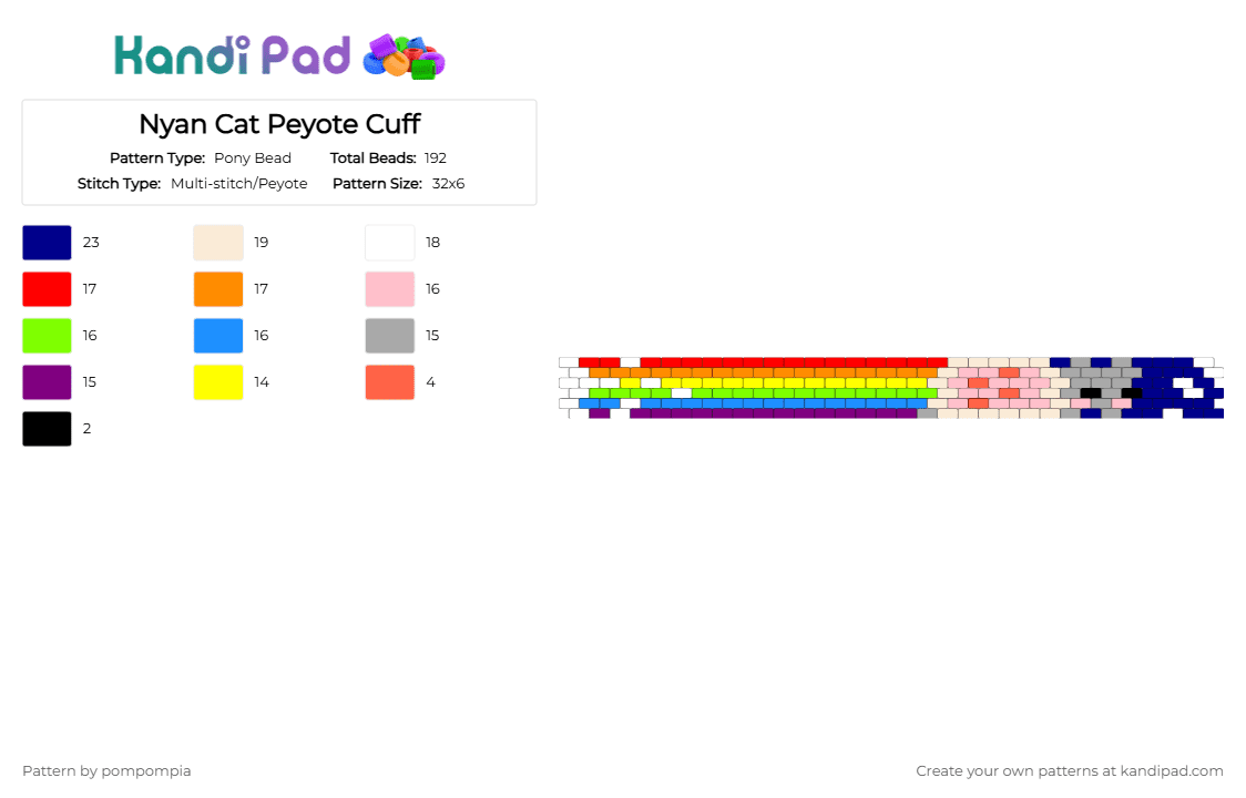 Nyan Cat Peyote Cuff - Pony Bead Pattern by pompompia on Kandi Pad - pink,red,purple,orange,nyan cat,cat,rainbow,peyote cuff,cuff