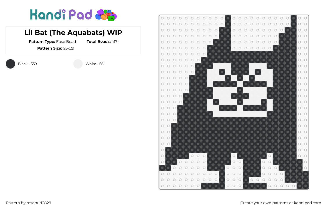 Lil Bat (The Aquabats) WIP - Fuse Bead Pattern by rosebud2829 on Kandi Pad - aquabats,bat,logo,character,band,music,ska,punk,black,white