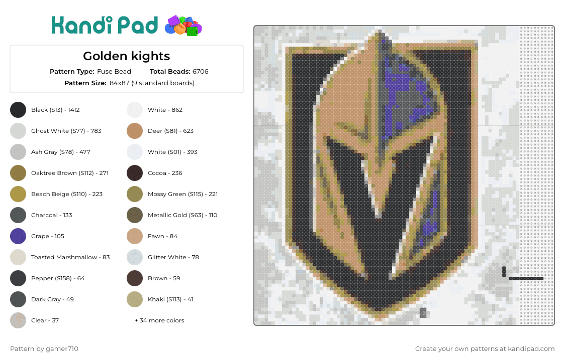 Golden kights - Fuse Bead Pattern by gamer710 on Kandi Pad - golden knights,las vegas,hockey,helmet,sports,emblem,standout,passion,tan,black