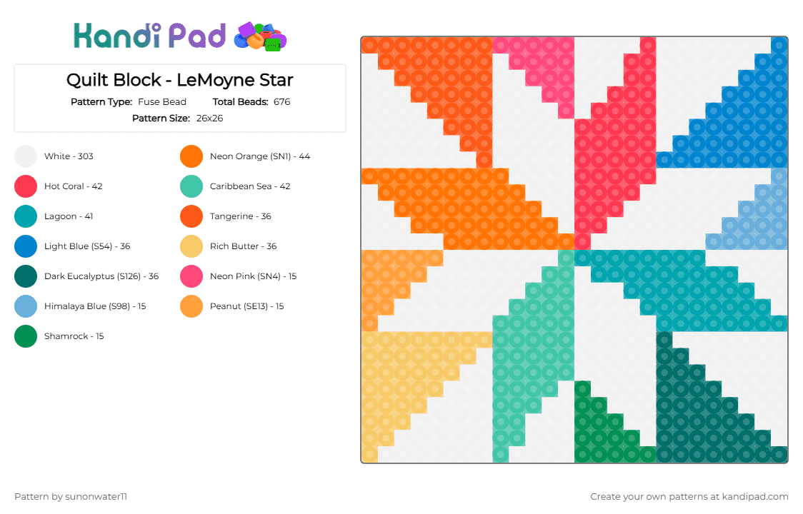 Quilt Block - LeMoyne Star - Fuse Bead Pattern by sunonwater11 on Kandi Pad - white,orange,red,teal,quilting,quilt,quilt block