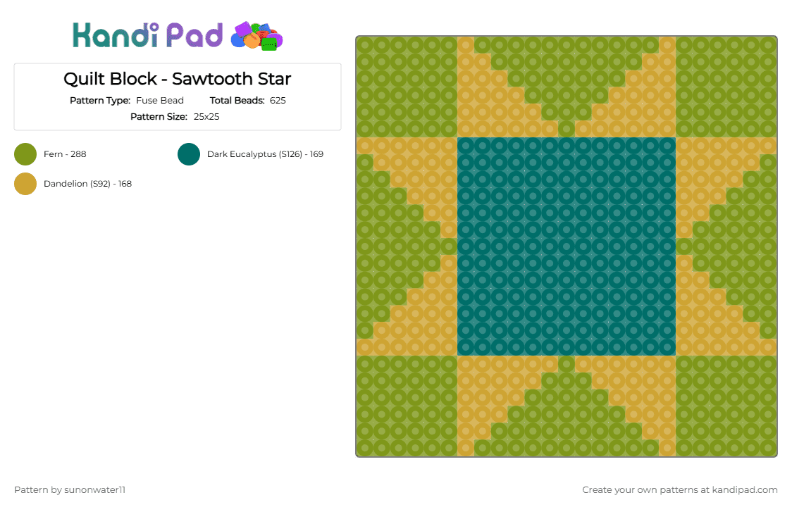 Quilt Block - Sawtooth Star - Fuse Bead Pattern by sunonwater11 on Kandi Pad - gold, quilt, quilt block, quilting