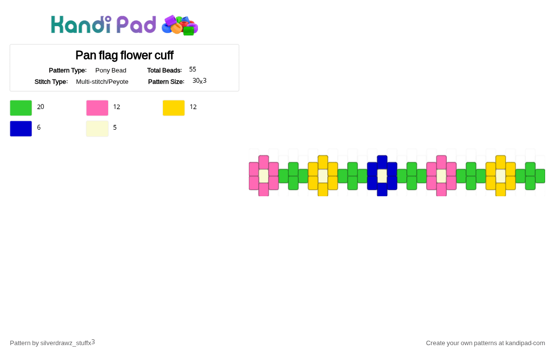 Pan flag flower cuff - Pony Bead Pattern by silverdrawz_stuffx3 on Kandi Pad - pink,green,yellow,pride,flower