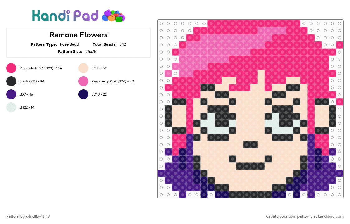 Ramona Flowers (Request) - Fuse Bead Pattern by k4nd1br4t_13 on Kandi Pad - beige, character, pink, ramona flowers, scott pilgrim vs the world, scottpilgrim