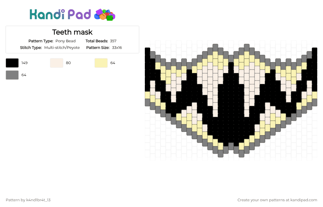 Teeth mask - Pony Bead Pattern by k4nd1br4t_13 on Kandi Pad - yellow,gray