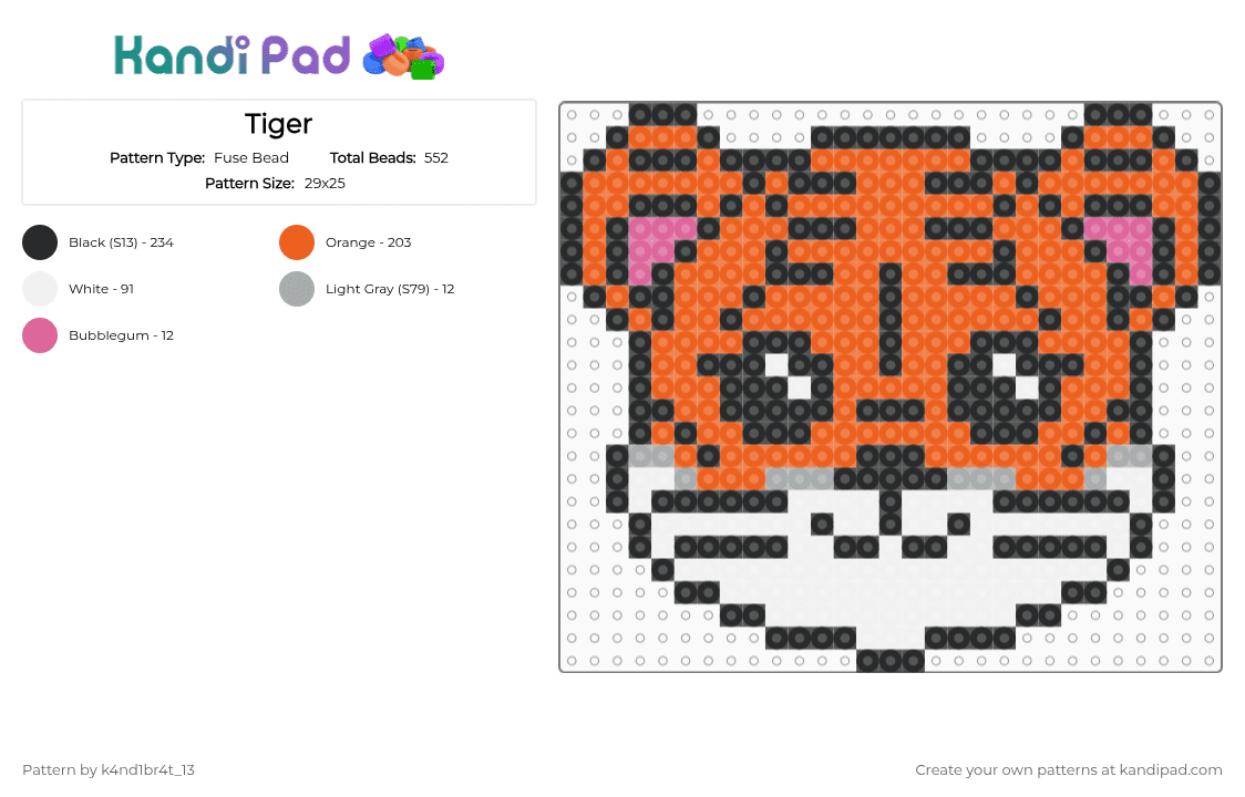 Tiger - Fuse Bead Pattern by k4nd1br4t_13 on Kandi Pad - orange,cotdzooanimals