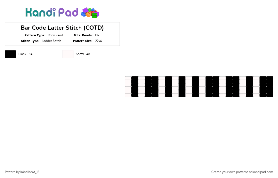 Bar Code Latter Stitch (COTD) - Pony Bead Pattern by k4nd1br4t_13 on Kandi Pad - black, cotdbarcodes, white
