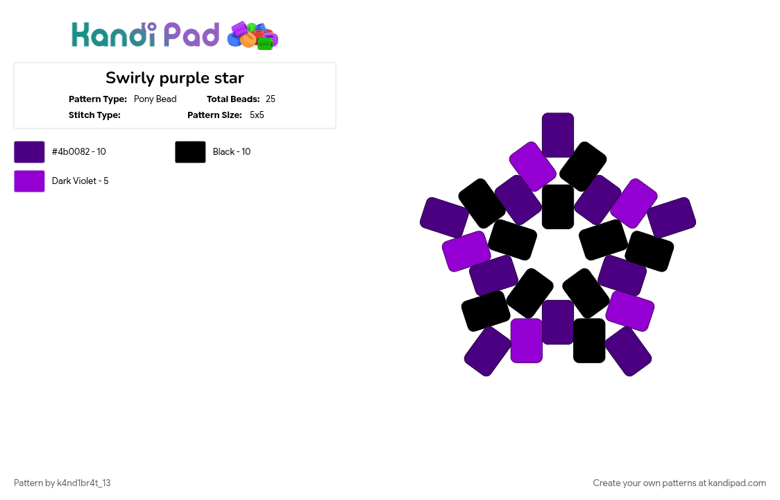 Swirly purple star - Pony Bead Pattern by k4nd1br4t_13 on Kandi Pad - black, purple