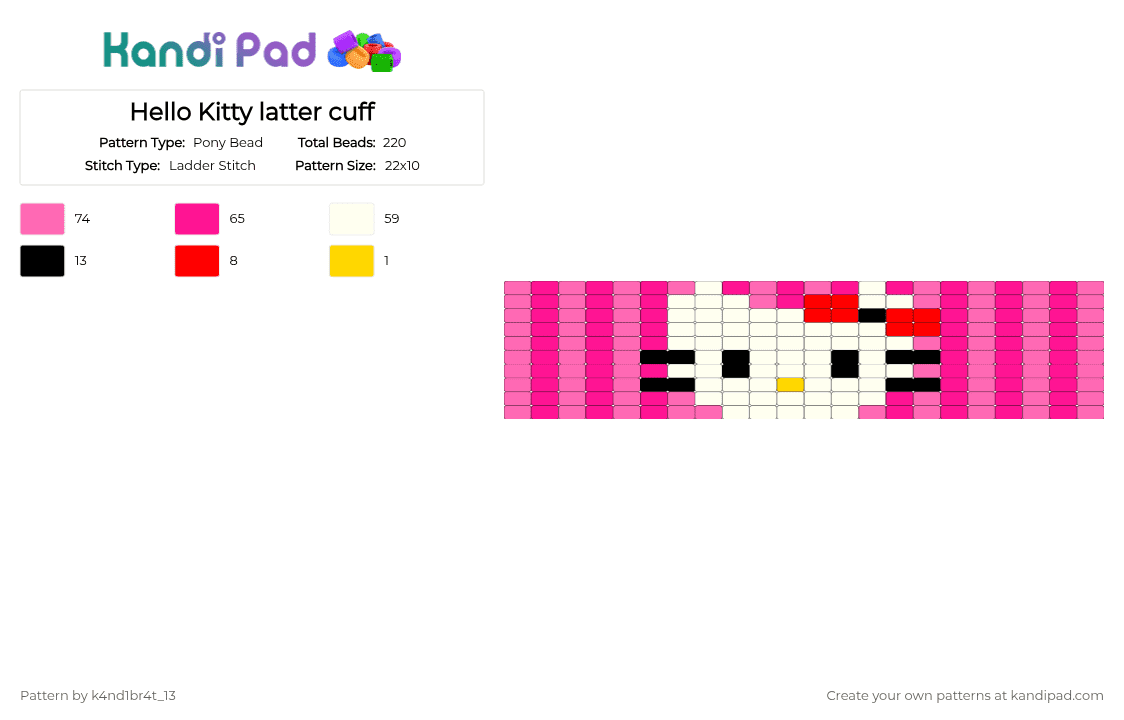 Hello Kitty latter cuff - Pony Bead Pattern by k4nd1br4t_13 on Kandi Pad - cartoon, hello kitty, pink