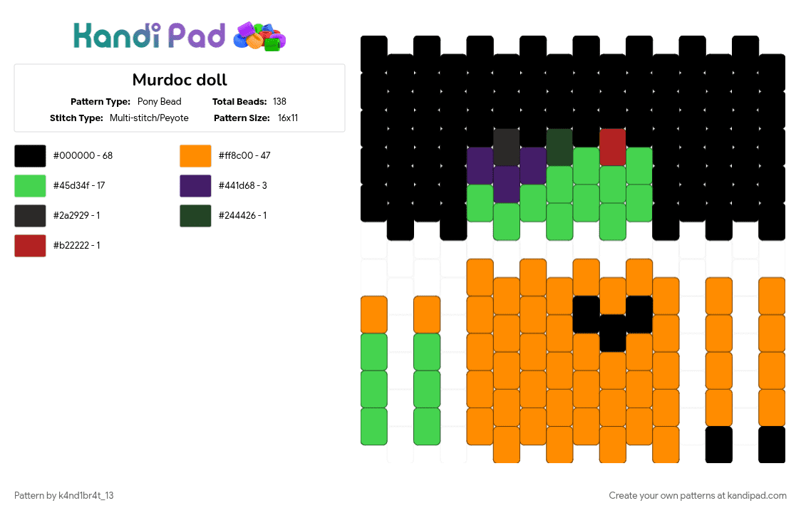 Noodle doll - Pony Bead Pattern by k4nd1br4t_13 on Kandi Pad - black, gorillaz, green, orange