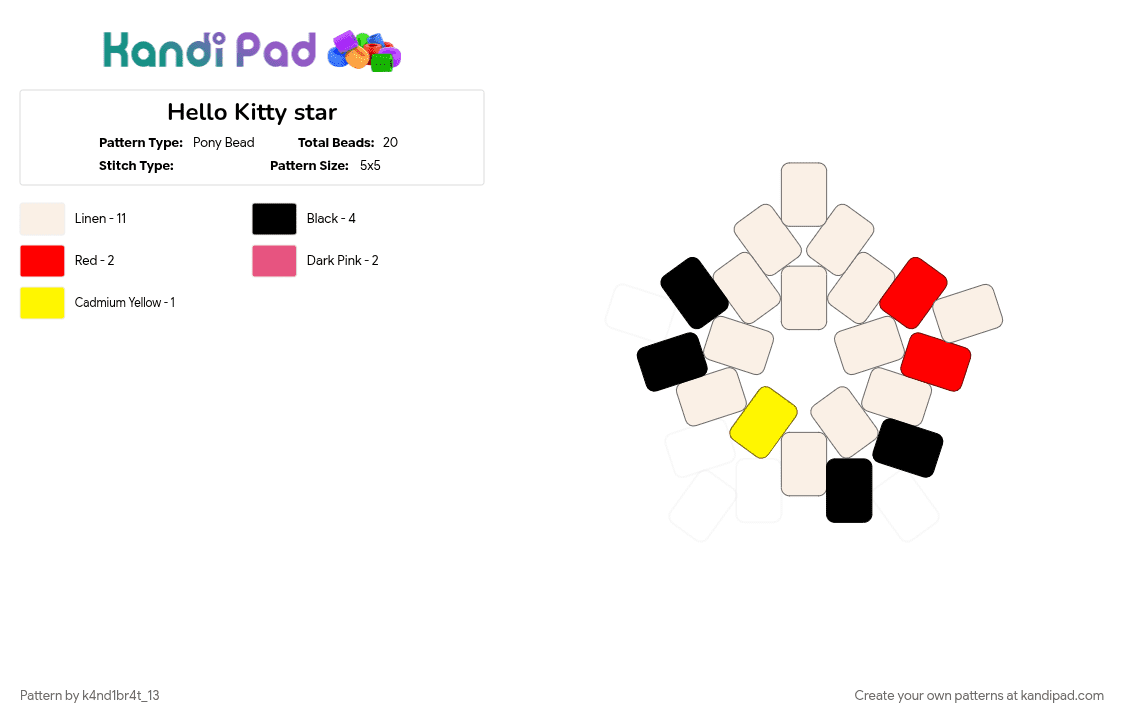 Hello Kitty star - Pony Bead Pattern by k4nd1br4t_13 on Kandi Pad - cartoon, character, hello kitty, red, white, yellow