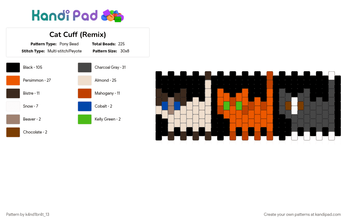 Cat Cuff (Remix) - Pony Bead Pattern by k4nd1br4t_13 on Kandi Pad - animal, beige, black, brown, cat, cotdcats, orange