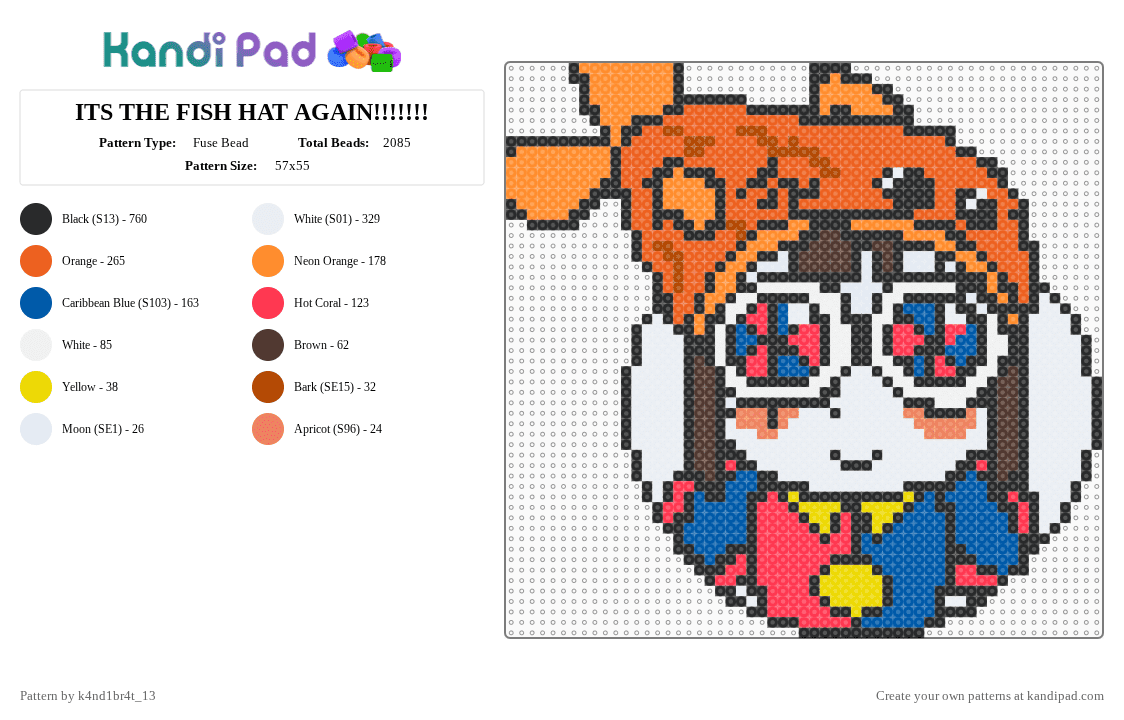 ITS THE FISH HAT AGAIN!!!!!!! - Fuse Bead Pattern by k4nd1br4t_13 on Kandi Pad - orange,tadc