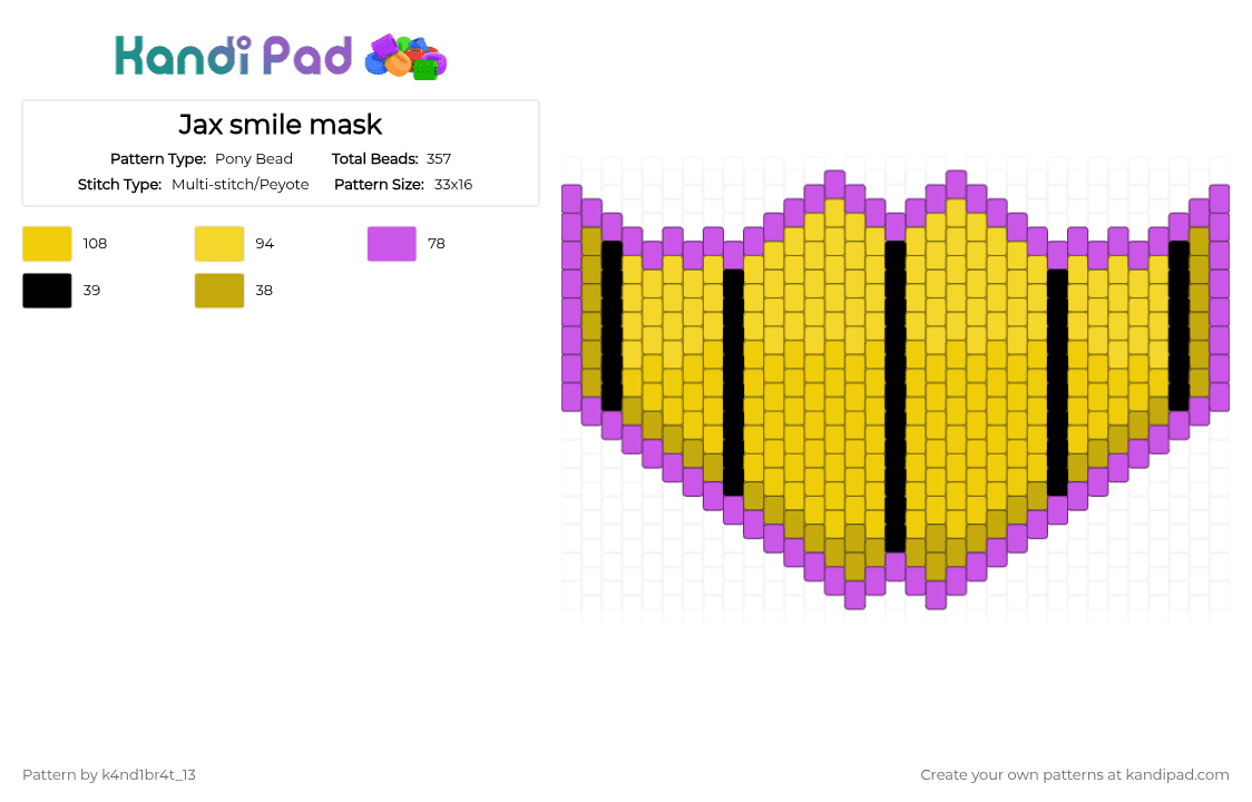 Jax smile mask - Pony Bead Pattern by k4nd1br4t_13 on Kandi Pad - yellow