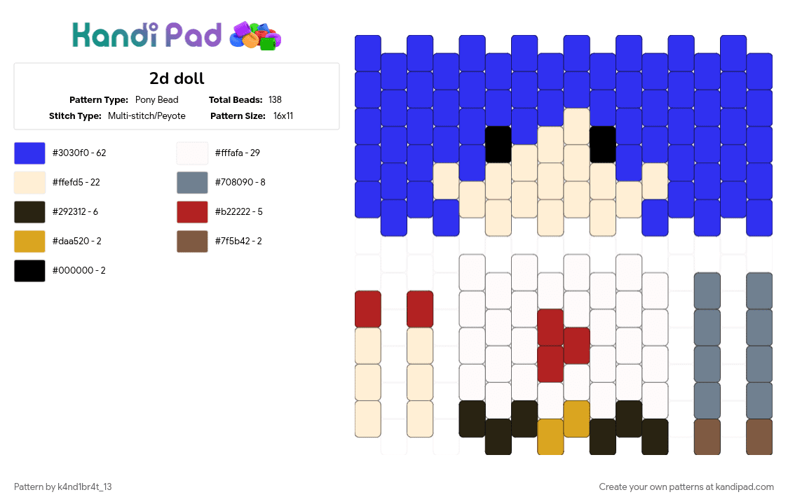 2d doll - Pony Bead Pattern by k4nd1br4t_13 on Kandi Pad - beige, gorillaz, purple