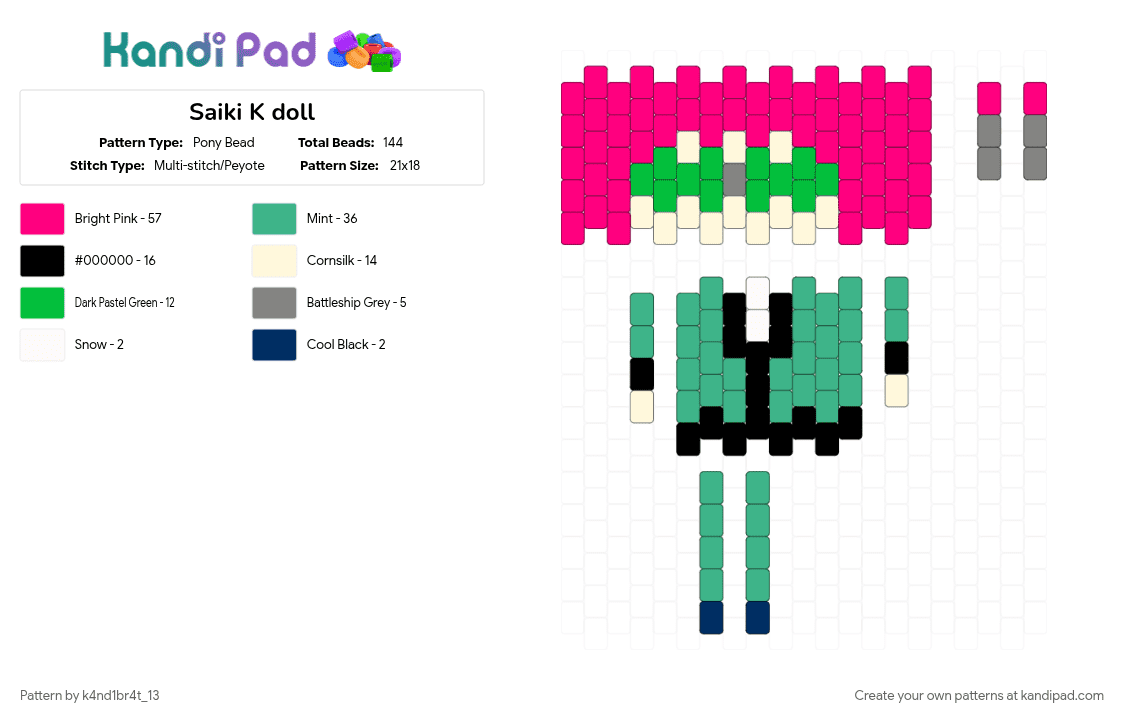 Saiki K doll - Pony Bead Pattern by k4nd1br4t_13 on Kandi Pad - anime, character, doll, pink, saiki k, saiki kusuo, teal, the disastrous life of saiki k