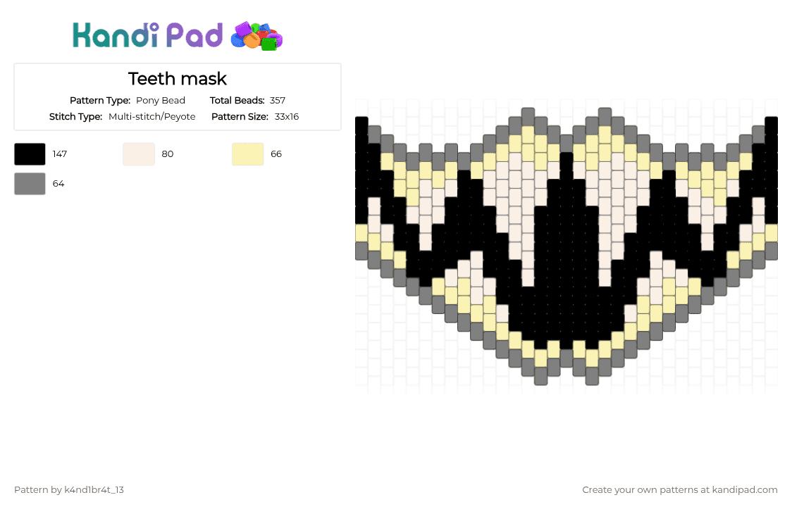 Teeth mask - Pony Bead Pattern by k4nd1br4t_13 on Kandi Pad - yellow,gray