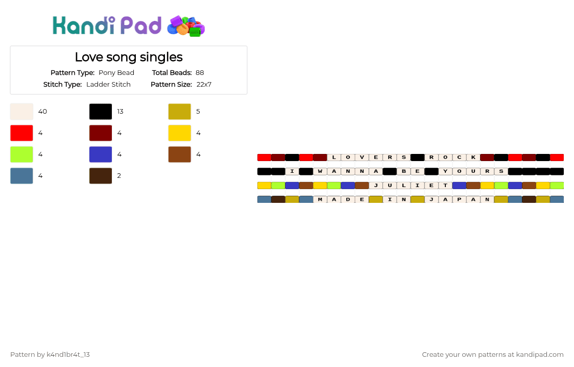 Love song singles - Pony Bead Pattern by k4nd1br4t_13 on Kandi Pad - white,red,brown,yellow,cotdromance