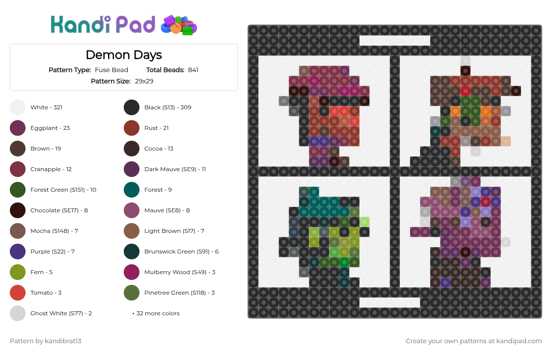 Demon Days - Fuse Bead Pattern by k4nd1br4t_13 on Kandi Pad - black,white,brown,pink,red,gold,colorful