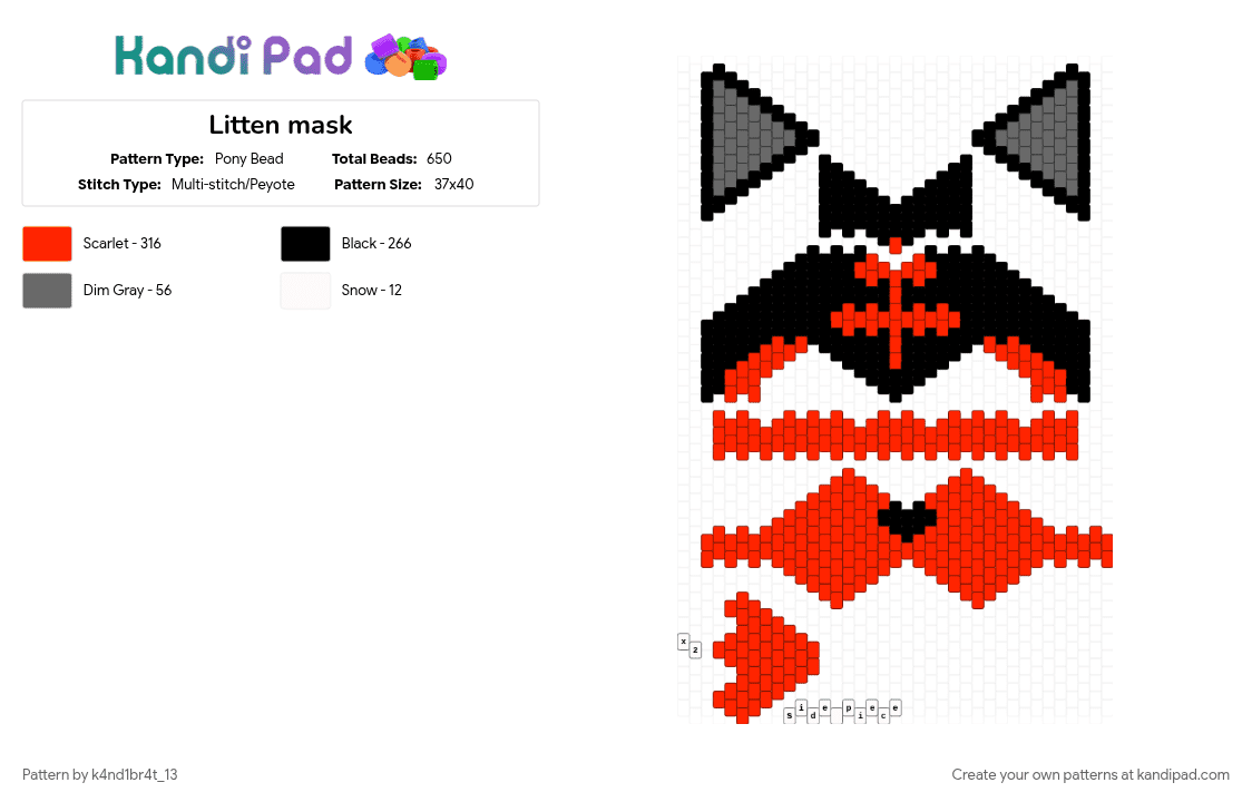 Litten mask - Pony Bead Pattern by k4nd1br4t_13 on Kandi Pad - litten, mask, pokemon, red