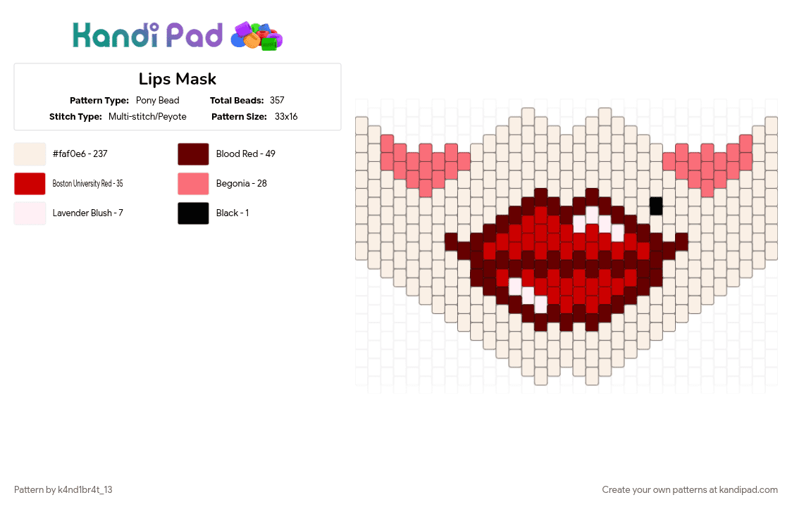 Lips Mask - Pony Bead Pattern by k4nd1br4t_13 on Kandi Pad - brown, red, white