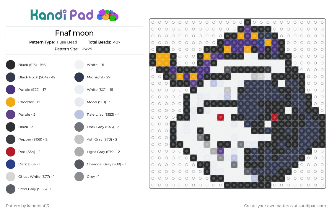 Fnaf moon - Fuse Bead Pattern by k4nd1br4t_13 on Kandi Pad - black, cotdmoonlight, purple, white