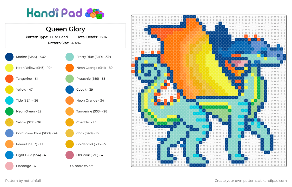Queen Glory - Fuse Bead Pattern by notrainfall on Kandi Pad - blue,orange,yellow,light blue