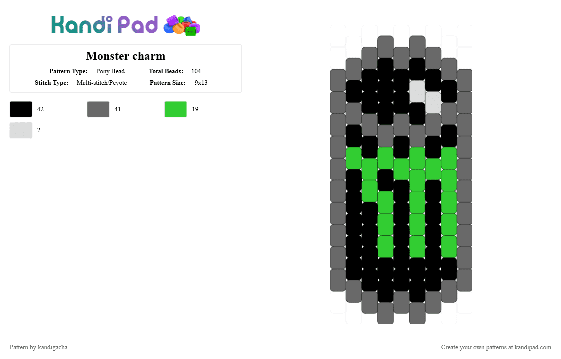 Monster charm - Pony Bead Pattern by xxxkandiskaterzxxx on Kandi Pad - alt, charm, drink, emo, food, gray, green, keychain, monster, scene