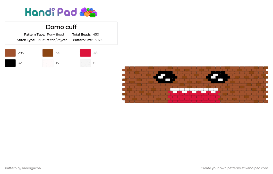 Domo cuff - Pony Bead Pattern by kandigacha on Kandi Pad - red,domo,cute,emo,scene,scenemo,japenese
