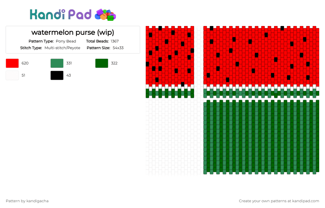 watermelon purse (wip) - Pony Bead Pattern by kandigacha on Kandi Pad - red,green,kandi purse,purse,watermelon,bag,fruit,summer