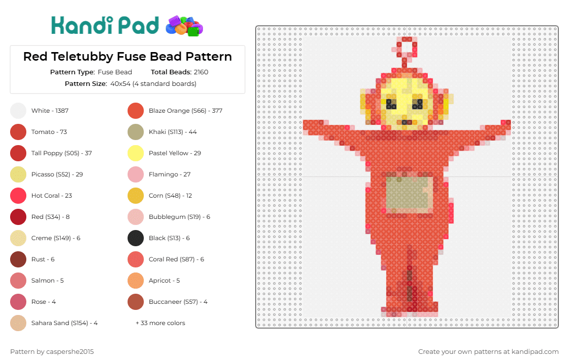 Red Teletubby Fuse Bead Pattern - Fuse Bead Pattern by caspershe2015 on Kandi Pad - po,teletubbies,character,tv show,children,nostalgia,television,childhood,red