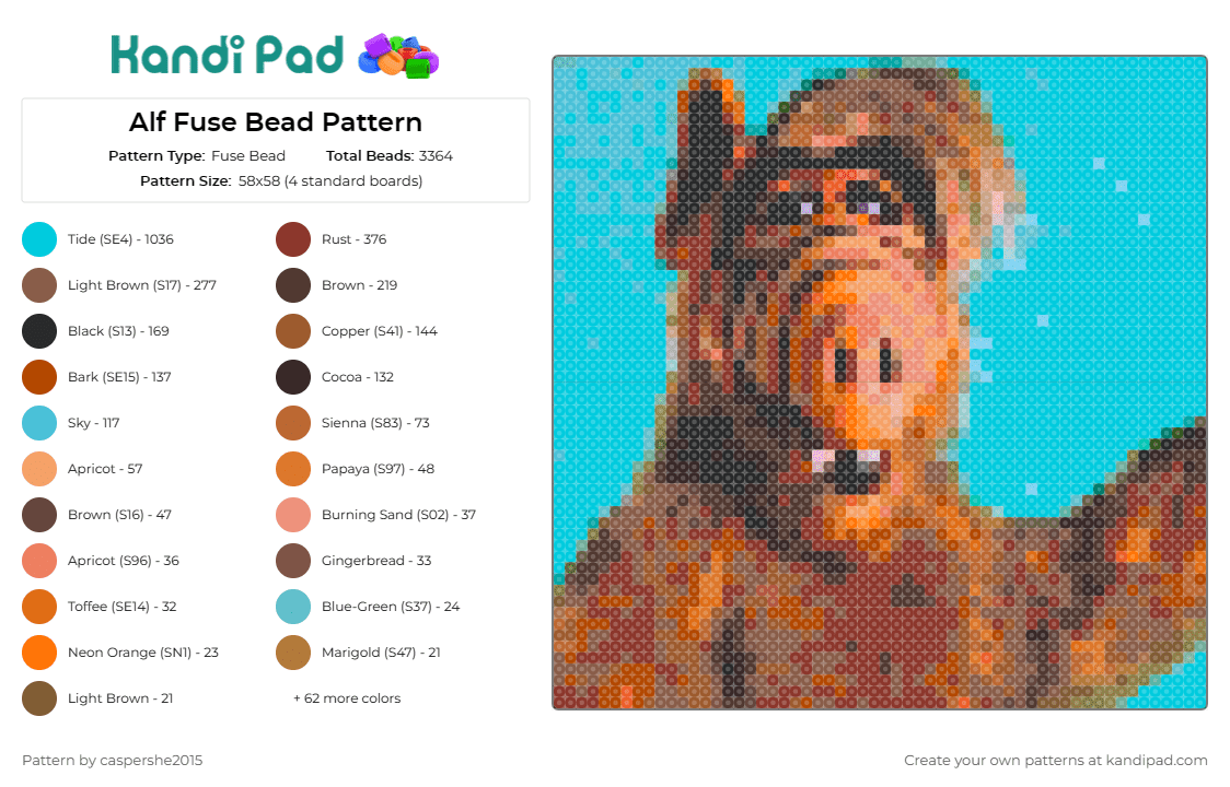 Alf Fuse Bead Pattern - Fuse Bead Pattern by caspershe2015 on Kandi Pad - alf,alien,character,tv show,classic,sitcom,nostalgia,80s,brown,turquoise