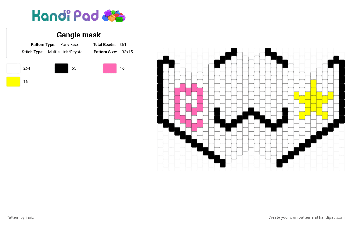 Gangle mask - Pony Bead Pattern by ilarix on Kandi Pad - white,pink,yellow