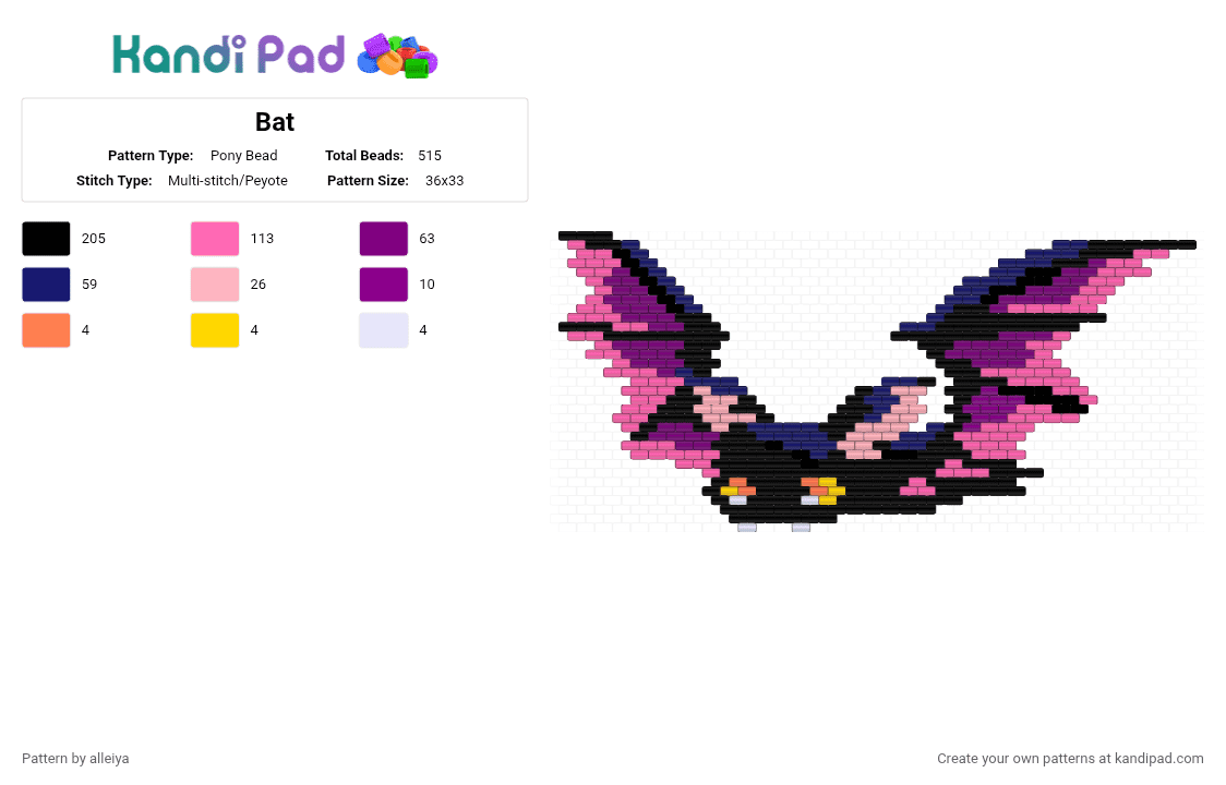 Bat - Pony Bead Pattern by alleiya on Kandi Pad - pink