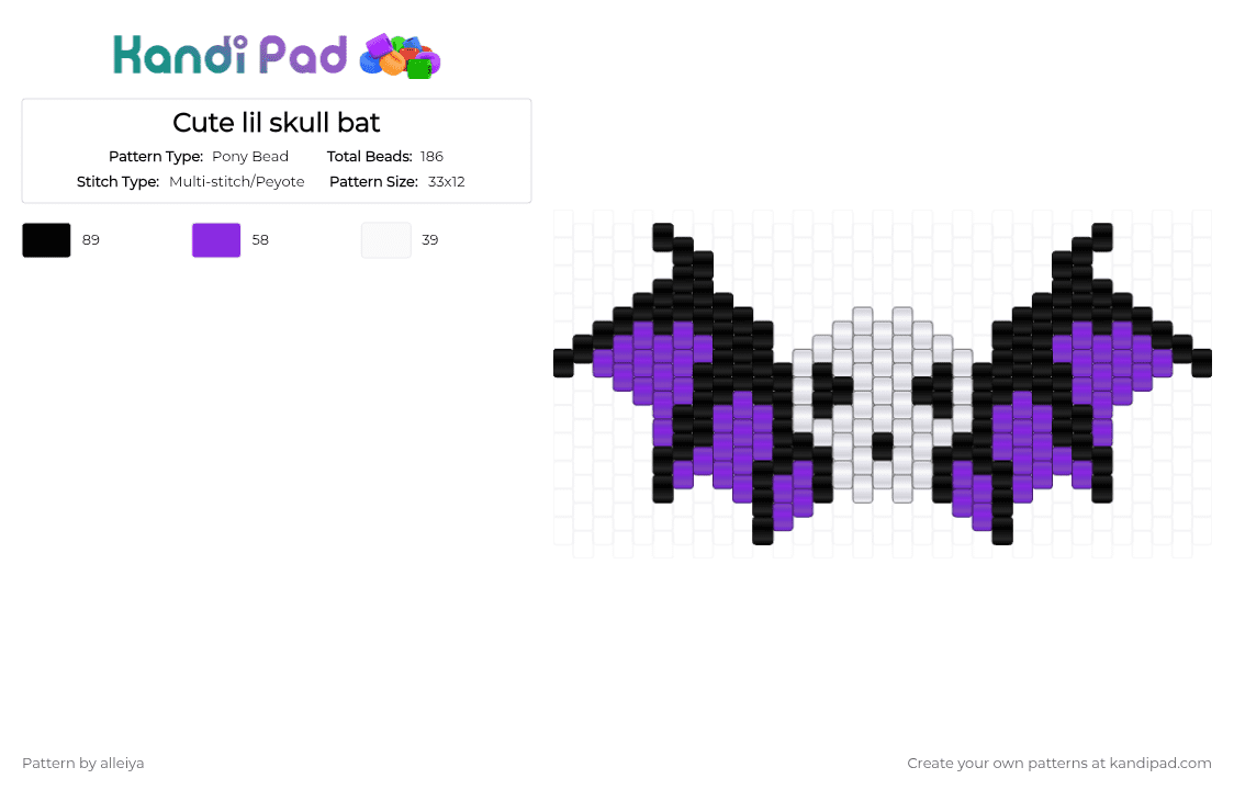 Cute lil skull bat - Pony Bead Pattern by alleiya on Kandi Pad - white,purple