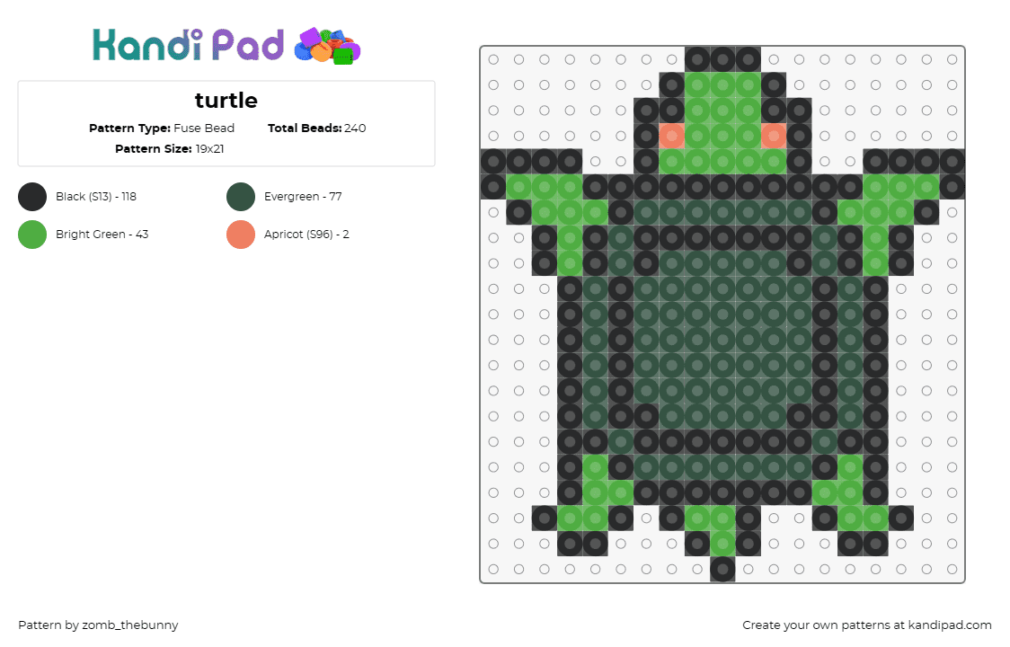 turtle - Fuse Bead Pattern by zomb_thebunny on Kandi Pad - turtle,amphibian,animal,playful,aquatic,wildlife,friendly,green