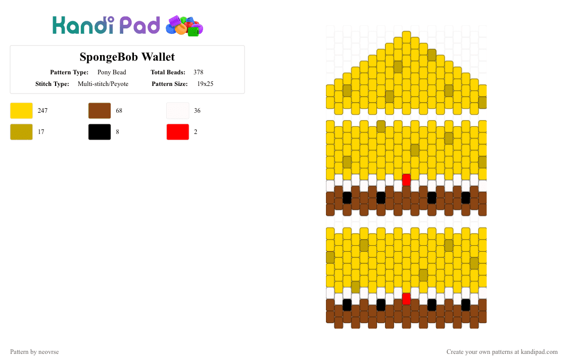 SpongeBob Wallet - Pony Bead Pattern by neovrse on Kandi Pad - yellow,spongebob,spongebob squarepants,wallet,bag