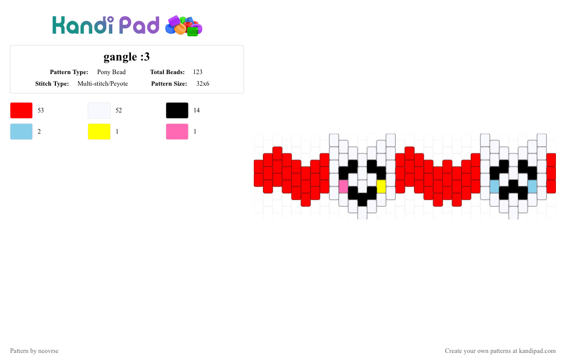 gangle :3 - Pony Bead Pattern by neovrse on Kandi Pad - white,red,gangle,tadc,the amazing digital circus,amazing digital circus,digital circus