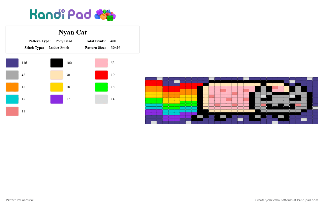 Nyan Cat - Pony Bead Pattern by neovrse on Kandi Pad - purple,beige,pink,nyan cat,nyancat,poptart,pop tart,nyan