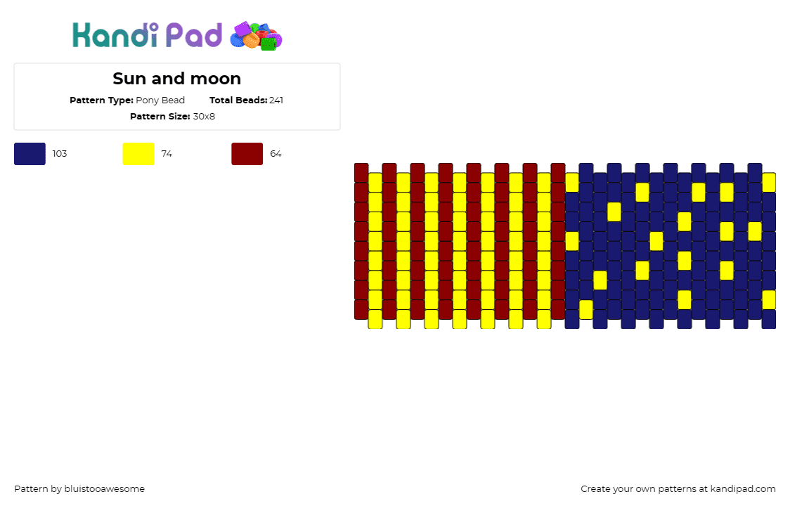 Sun and moon - Pony Bead Pattern by bluistooawesome on Kandi Pad - night,day,cuff,stars,sun,moon,contrast,duality,blue,yellow