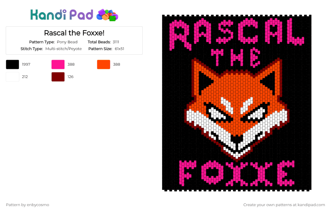 Rascal the Foxxe! - Pony Bead Pattern by enbycosmo on Kandi Pad - black, pink, red
