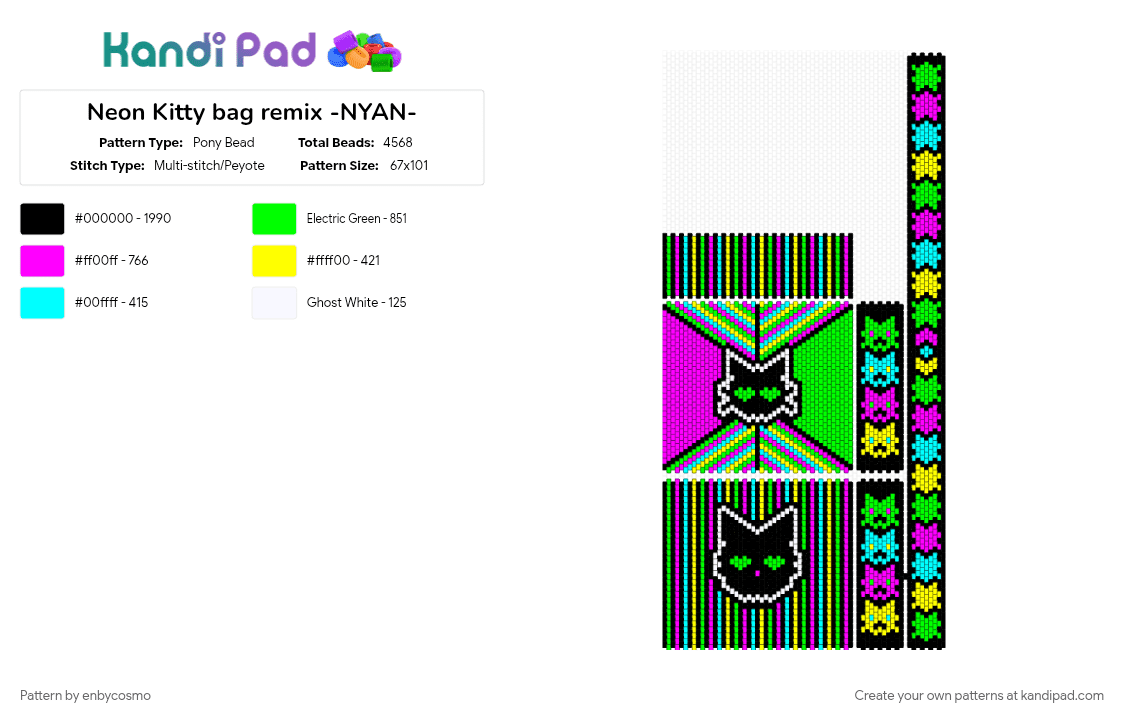Neon Kitty bag remix -NYAN- - Pony Bead Pattern by enbycosmo on Kandi Pad - green, pink