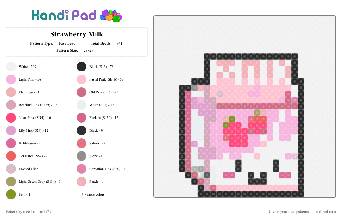 Strawberry Milk - Fuse Bead Pattern by ineedsomemilk27 on Kandi Pad - white,pink,milk,carton,strawberry milk,cute